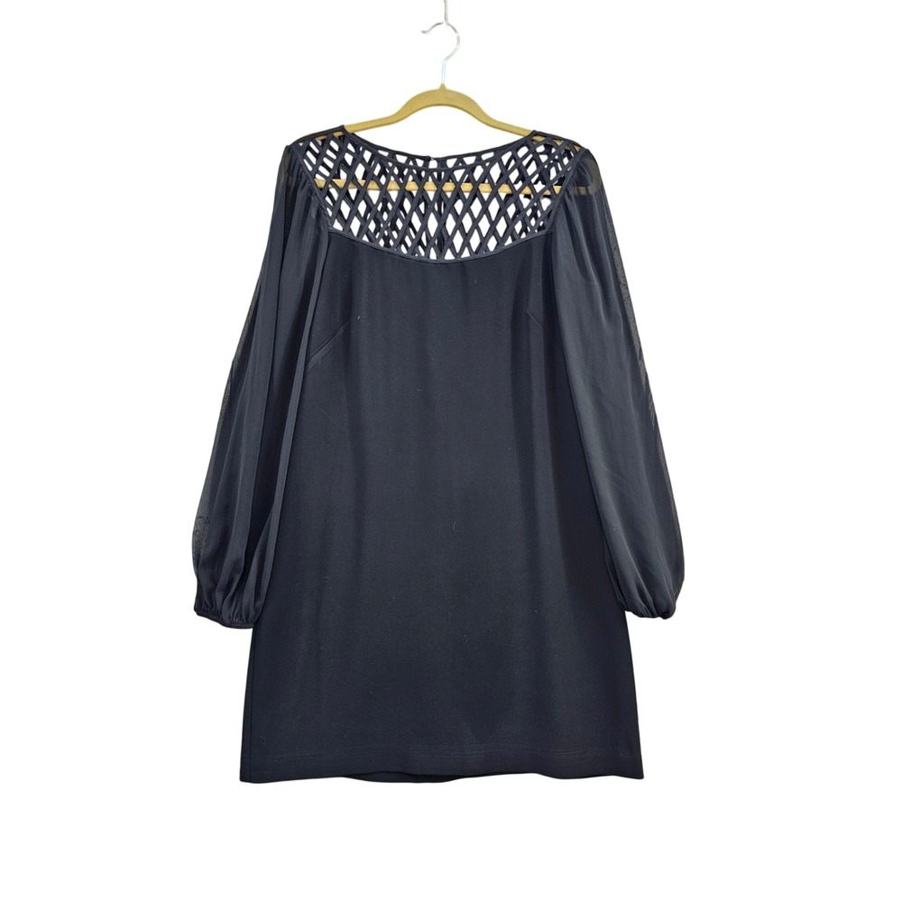 White House Black Market Dress Womens 8 Black Lattice Neck Sheer Balloon Sleeve